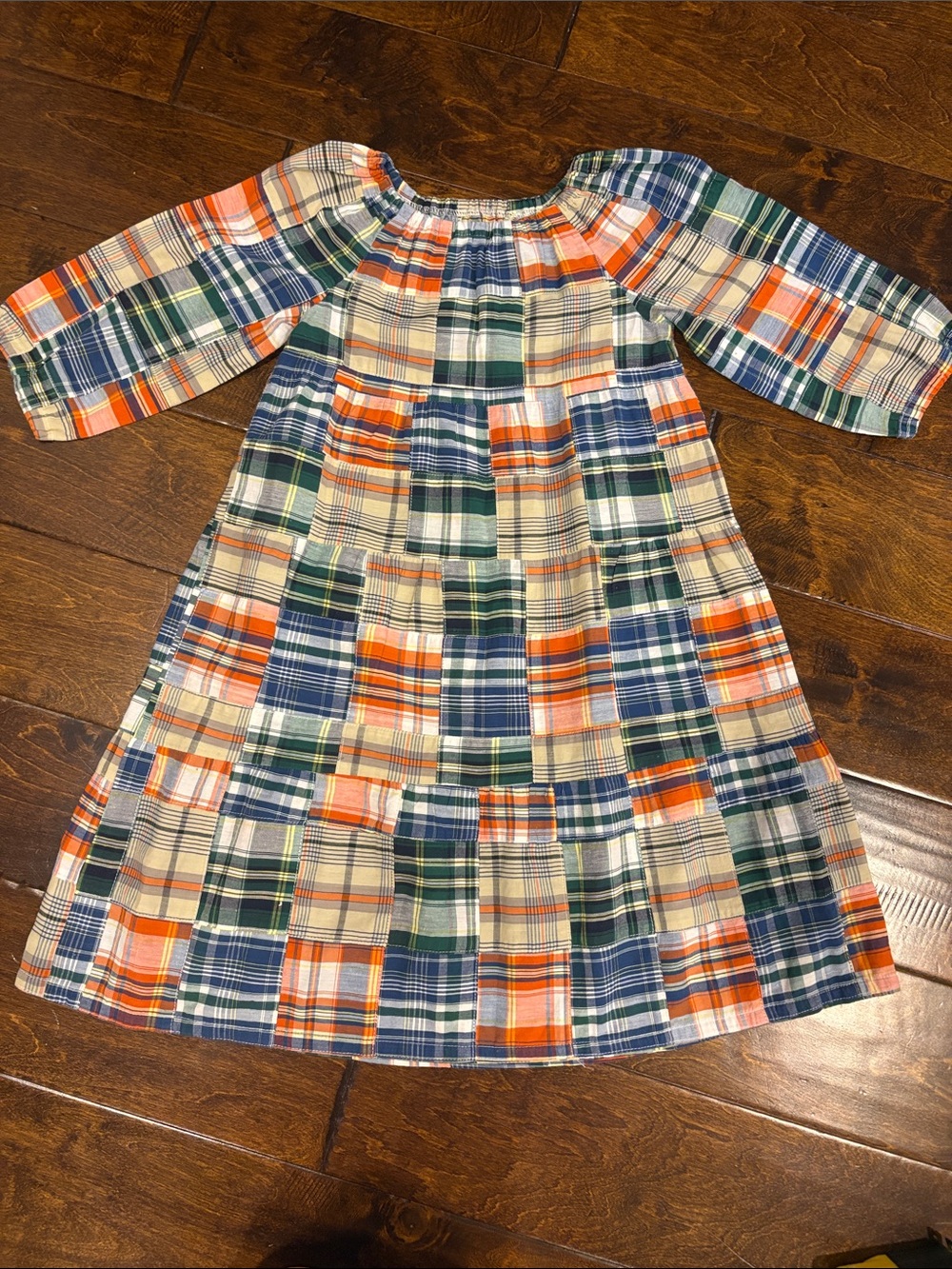 Plaid Patchwork Kids Dress - Orange, Navy & Green